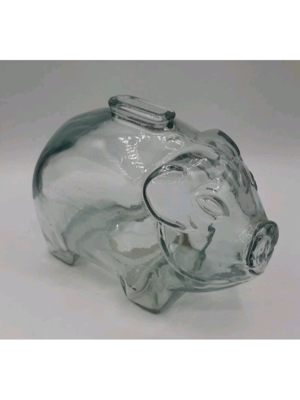 Vintage Clear Glass Blue Tint Big Piggy Coin Bank No Stopper MCM